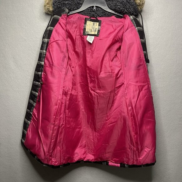 Billabong Coat Women's Black White Plaid Wool Blend Hooded Faux Fur Jacket Small - Picture 8 of 11